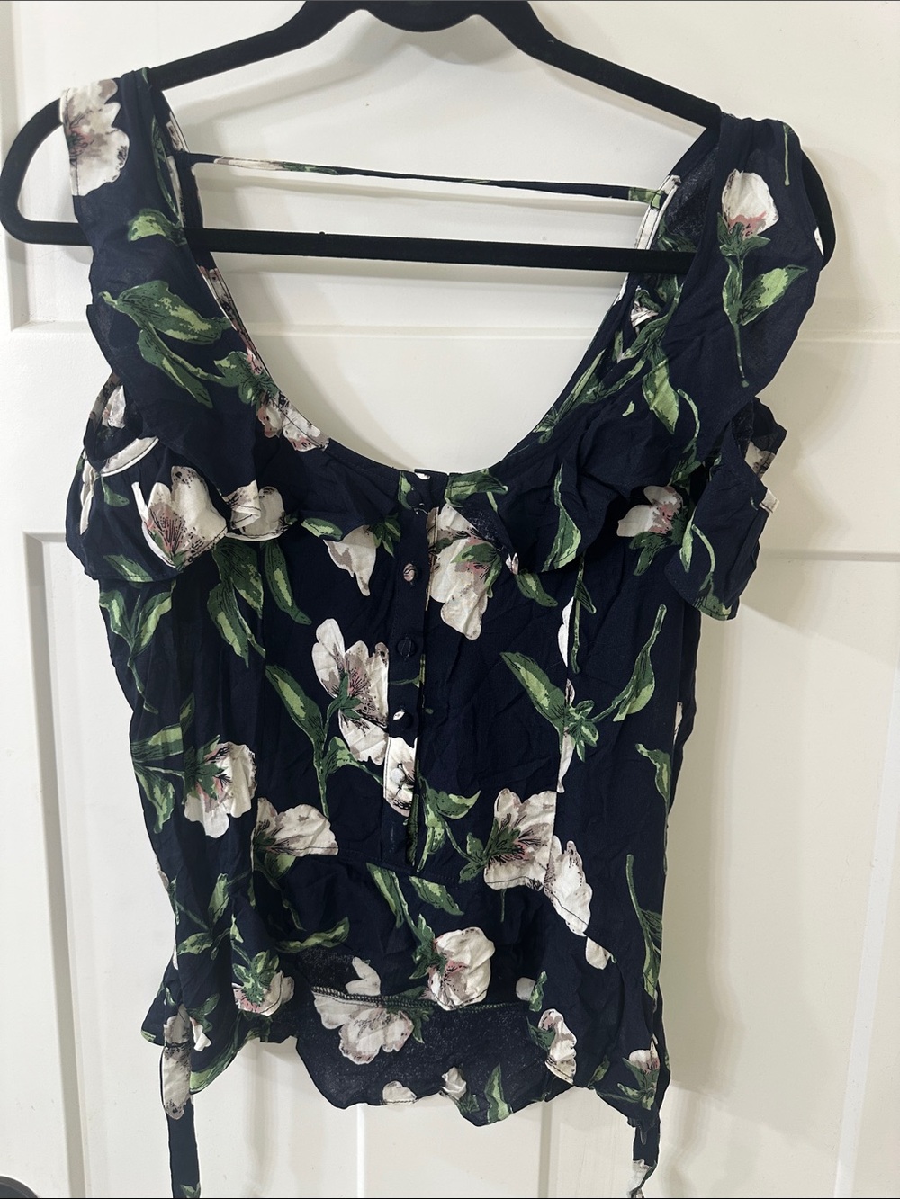Joyfolie Navy Floral Ruffle-Trim Blouse